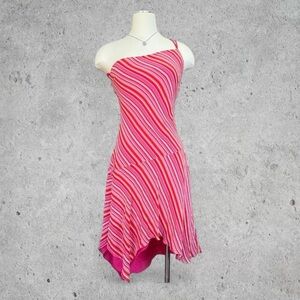 Gorg 2000s Y2K Express Silk Pink, Orange and White Asymmetrical Striped Dress- 6